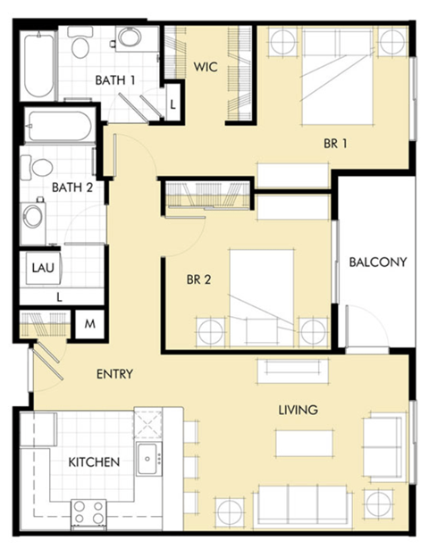 Floor plan for 2 beds, 1 bath